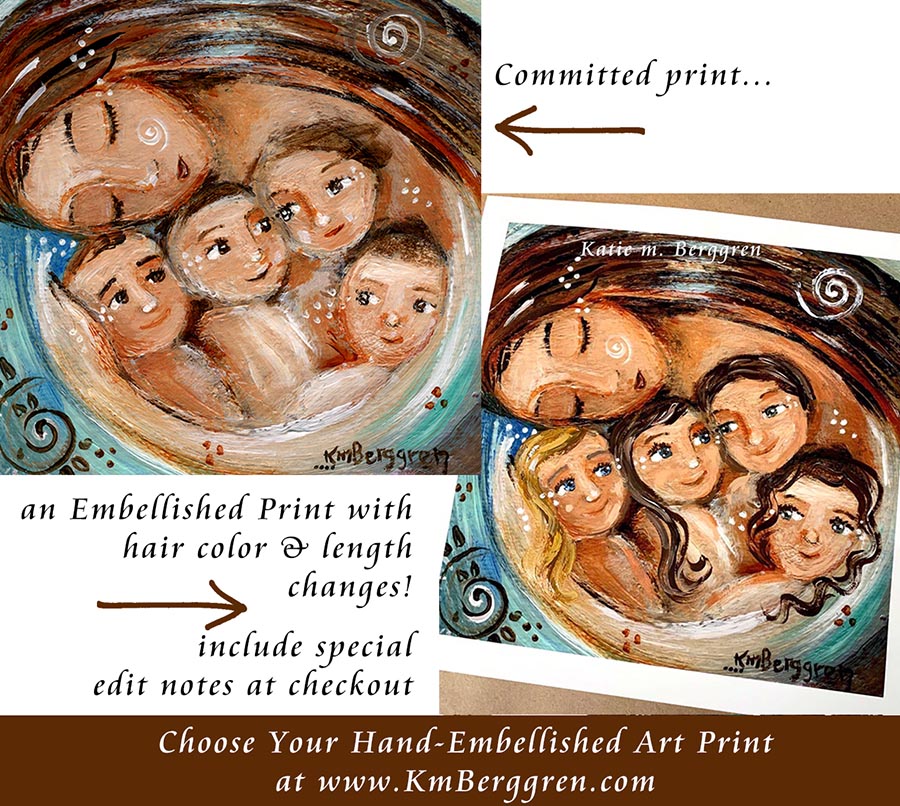 personalized art print of mother with 4 children, custom print of mom and four kids, choose an embellished print to customize eye colors and hair color and length, mother and child art by kmberggren