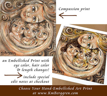 personalized art print of mother with three children, custom print of mom and three kids, choose an embellished print to customize eye colors and hair color and length, mother and child art by kmberggren