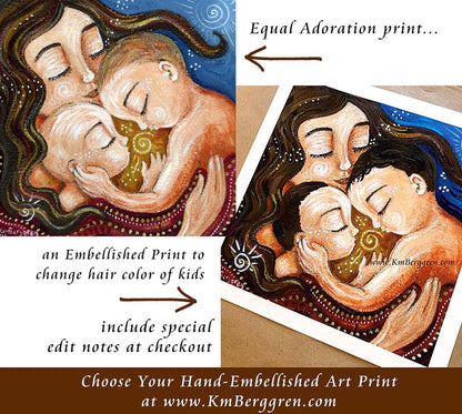 custom art print of mother and two sons, personalized art print, customize colors on art print, custom hair and eye colors, mother sleeping with two children art print - embellish for hair and eye color changes