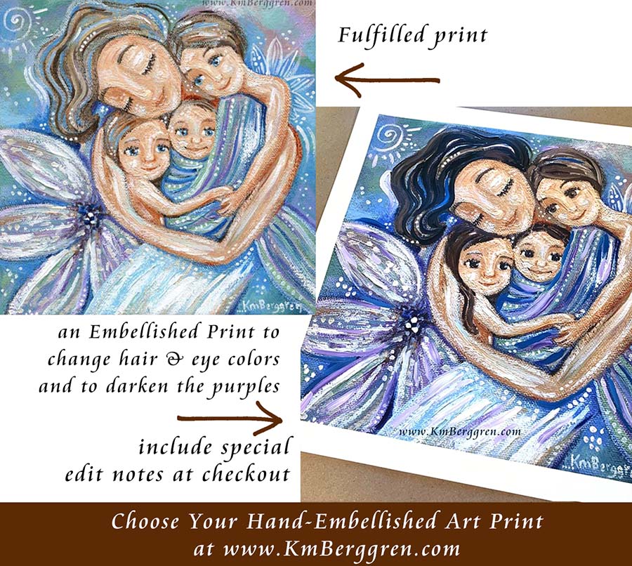 personalized art print of mother with 3 children, grandma and five grandkids personalized print, customize colors on art print, custom hair and eye colors, mother with 3 children art print - embellish for hair and eye color changes