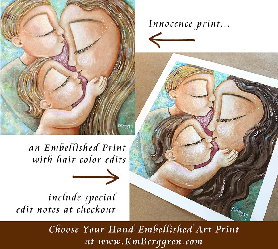 personalized hair and eye colors of mom and kids, personal family art, customized print of mom and children, custom motherhood art, choose an embellished print to customize eye colors and hair color and length, mother and 2 children art by kmberggren
