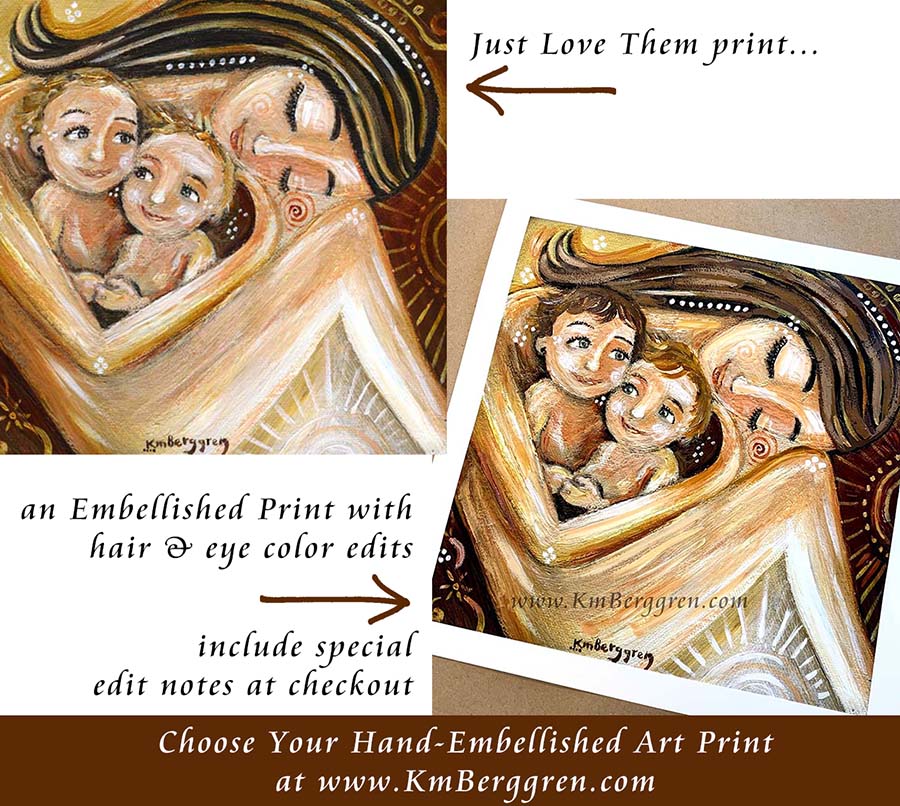 choose an embellished print to customize eye colors and hair color and length, mother and child art by kmberggren, mom and two boys art print