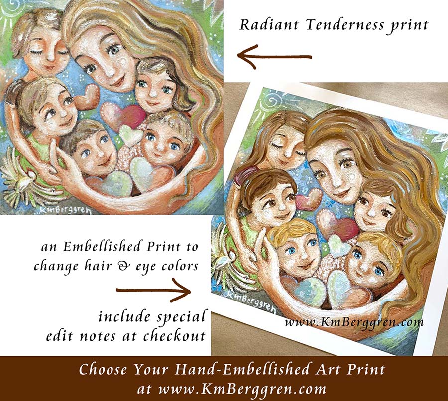personalized art print of mother with five children, grandma and five grandkids personalized print, customize colors on art print, custom hair and eye colors, mother sleeping with two children art print - embellish for hair and eye color changes