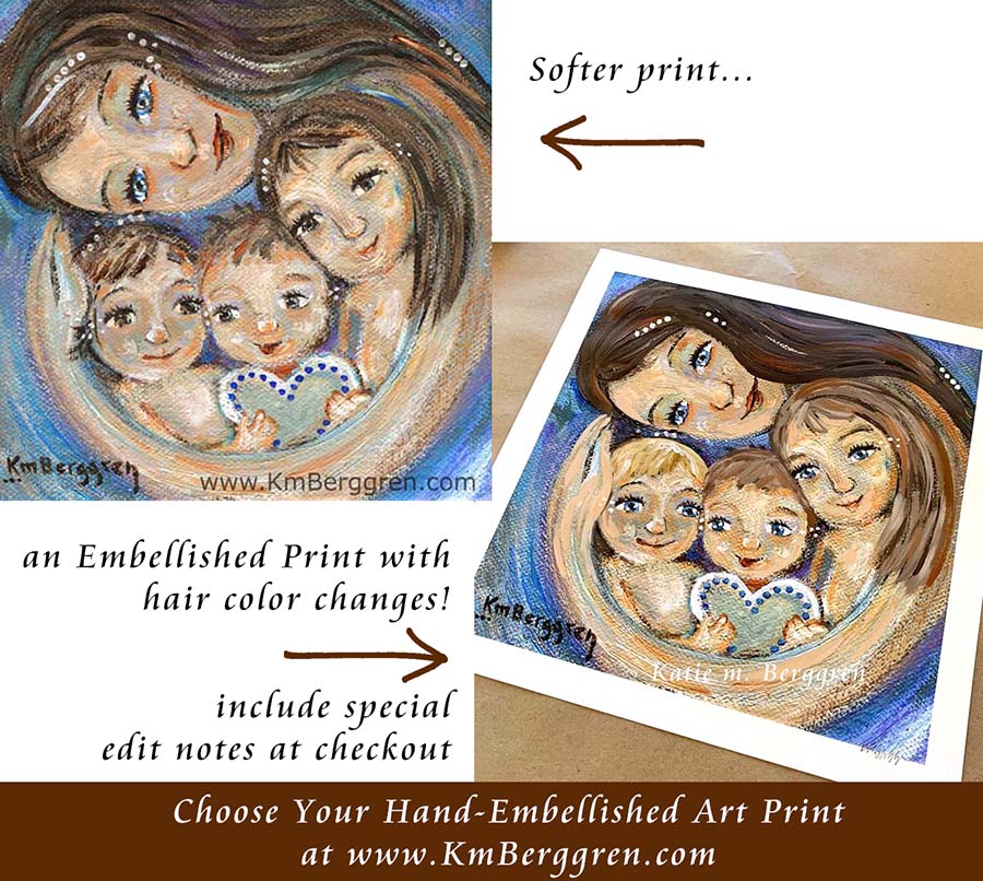 personalized art print, customize colors on art print, custom hair and eye colors, mother sleeping with two children art print - embellish for hair and eye color changes