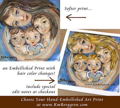 personalized art print, customize colors on art print, custom hair and eye colors, mother sleeping with two children art print - embellish for hair and eye color changes