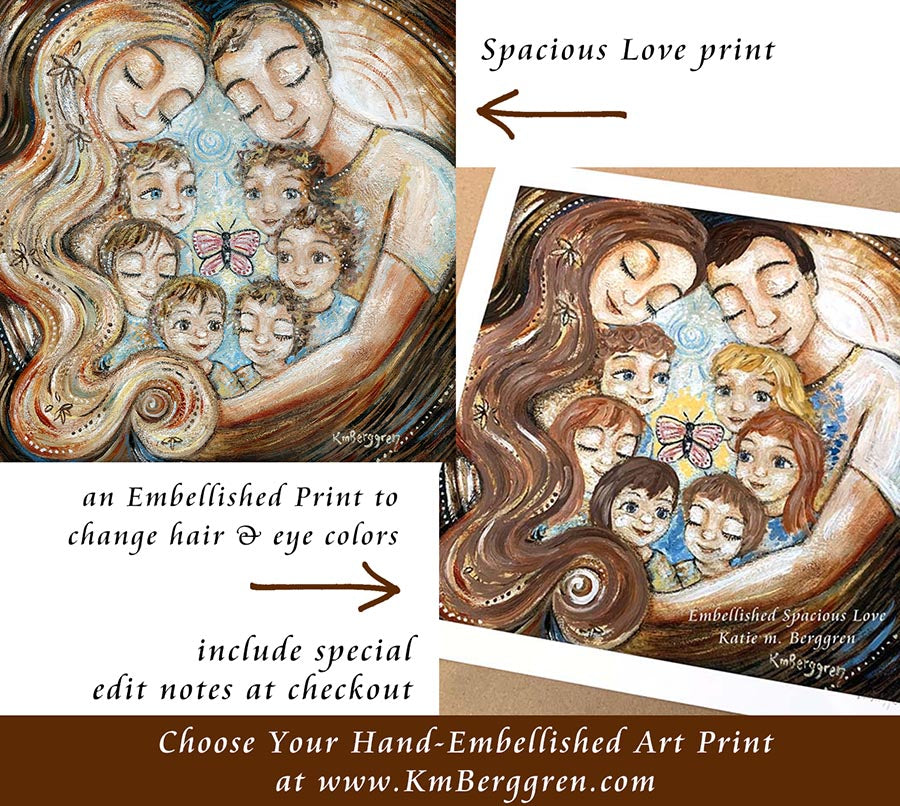 custom mother and father art print with six children  - choose the embellished option for hair and eye color changes, personalized family art