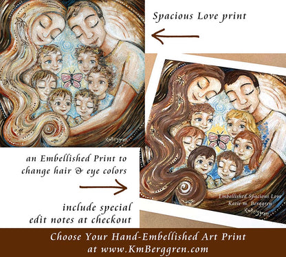 custom mother and father art print with six children  - choose the embellished option for hair and eye color changes, personalized family art