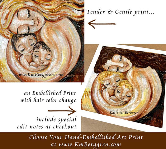 personalized and customizable art of mother and two children, blonde mother with brunette twins, blonde mom with brown hair babies, brother sister art, two boys and mom art, twin boys art, twin girls art print, mother and children art, red and gold artwork