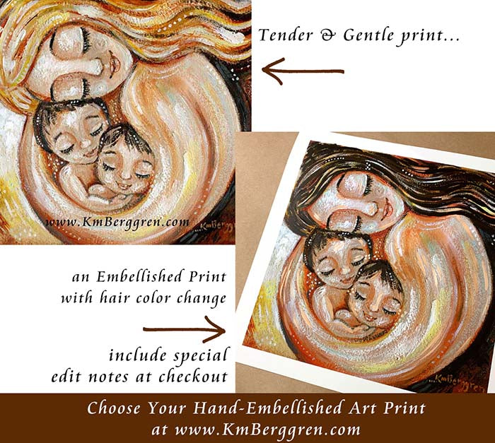 personalized and customizable art of mother and two children, blonde mother with brunette twins, blonde mom with brown hair babies, brother sister art, two boys and mom art, twin boys art, twin girls art print, mother and children art, red and gold artwork