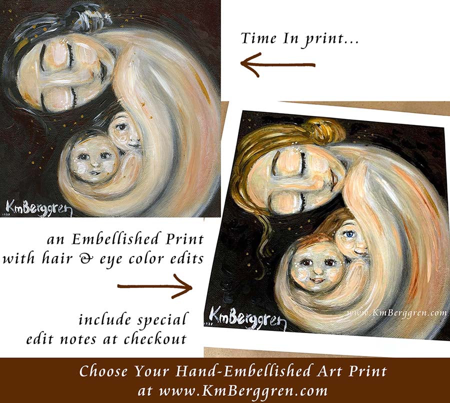 personalized hair and eye colors of mom and kids, personal family art, customized print of mom and children, custom motherhood art, choose an embellished print to customize eye colors and hair color and length, mother and 2 children art by kmberggren