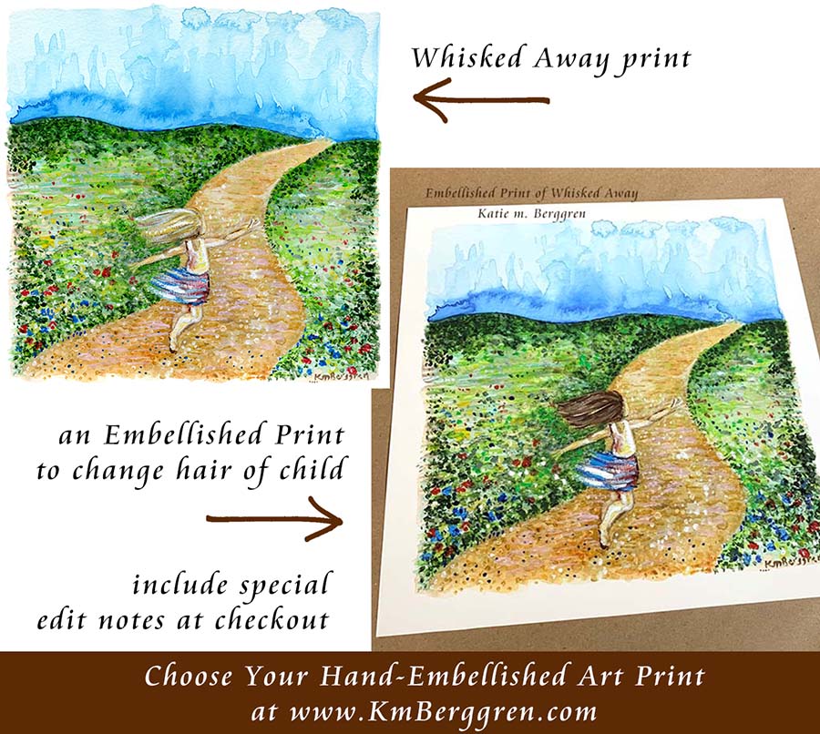 customized art print of little girl running on path, yellow road, free spirit, free child artwork, whimsical artwork, jogging girl art