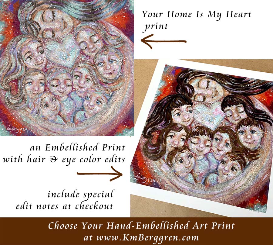 eight kids art, mom and 8 kids painting, personalized hair and eye colors of mom and kids, personal family art, customized print of mom and children, custom motherhood art, choose an embellished print to customize eye colors and hair color and length, mother and 8 children art by kmberggren