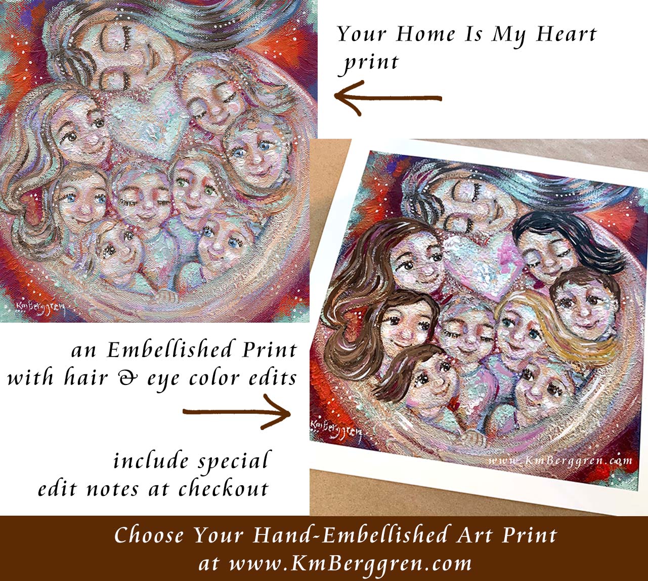 eight kids art, mom and 8 kids painting, personalized hair and eye colors of mom and kids, personal family art, customized print of mom and children, custom motherhood art, choose an embellished print to customize eye colors and hair color and length, mother and 8 children art by kmberggren