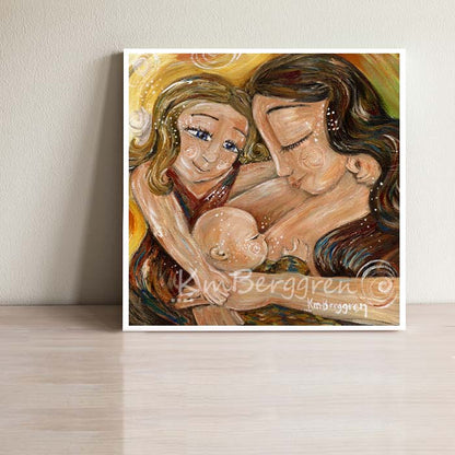 yellow and red art print of mother with brown hair and daughter with blonde hair and bald new baby nursing