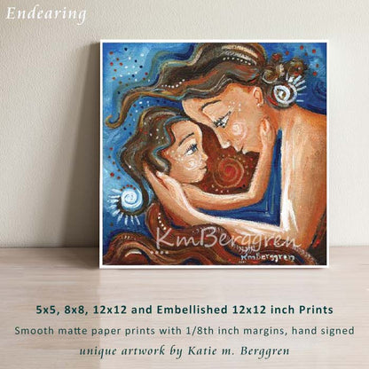 blue and red art print showing mother and daughter face to face beneath a red blanket, art by Katie m. Berggren