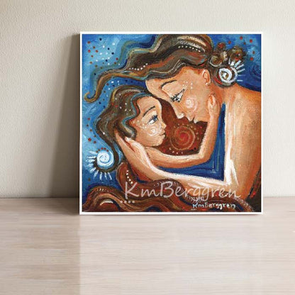 blue and red art print showing mother and daughter face to face beneath a red blanket, art by Katie m. Berggren