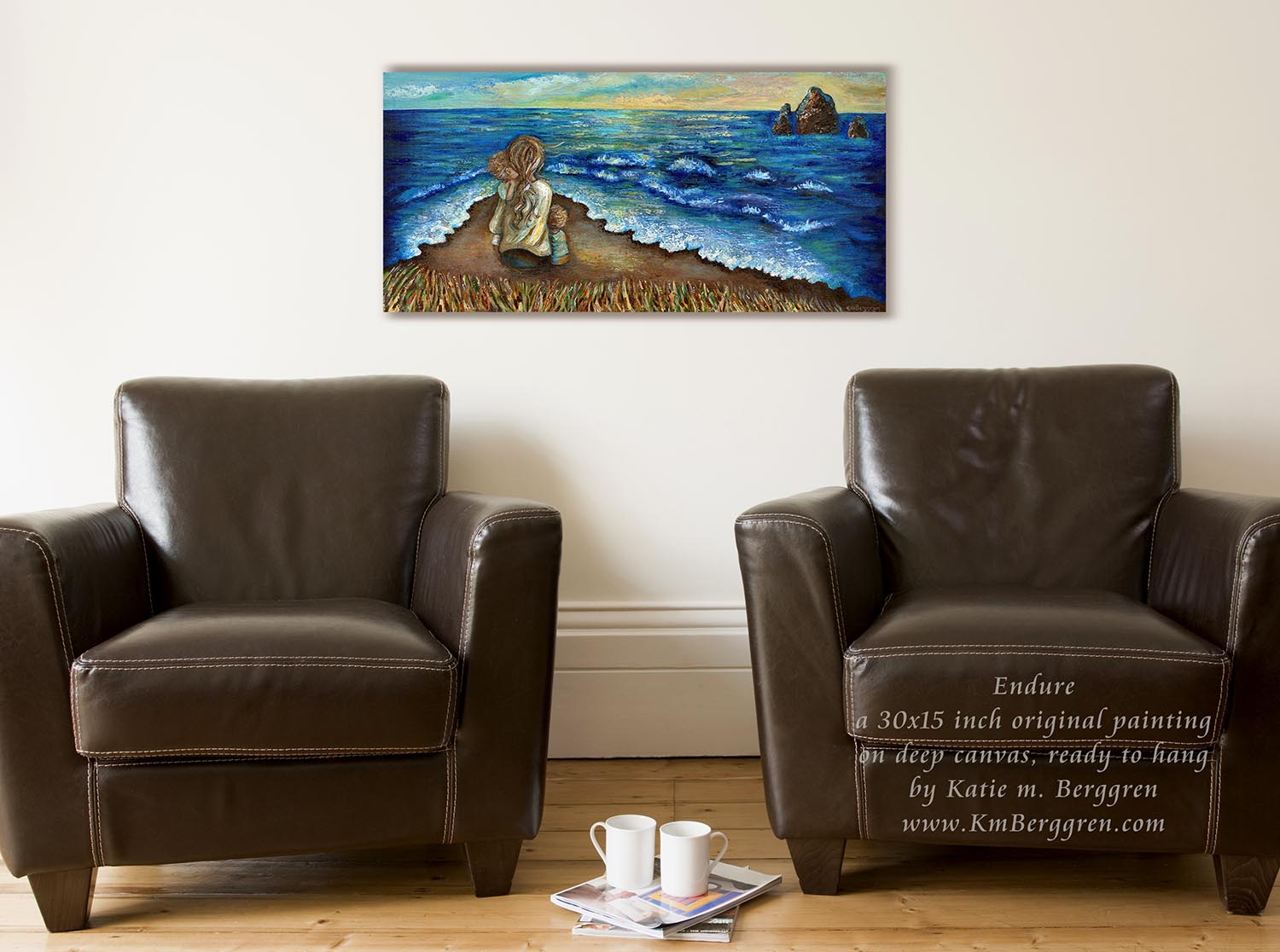 original art of mother and 2 children sitting on beach, painting of mom hugging children by the seashore, cool calm artwork, contentment art, relaxing peaceful painting shown on sitting room wall