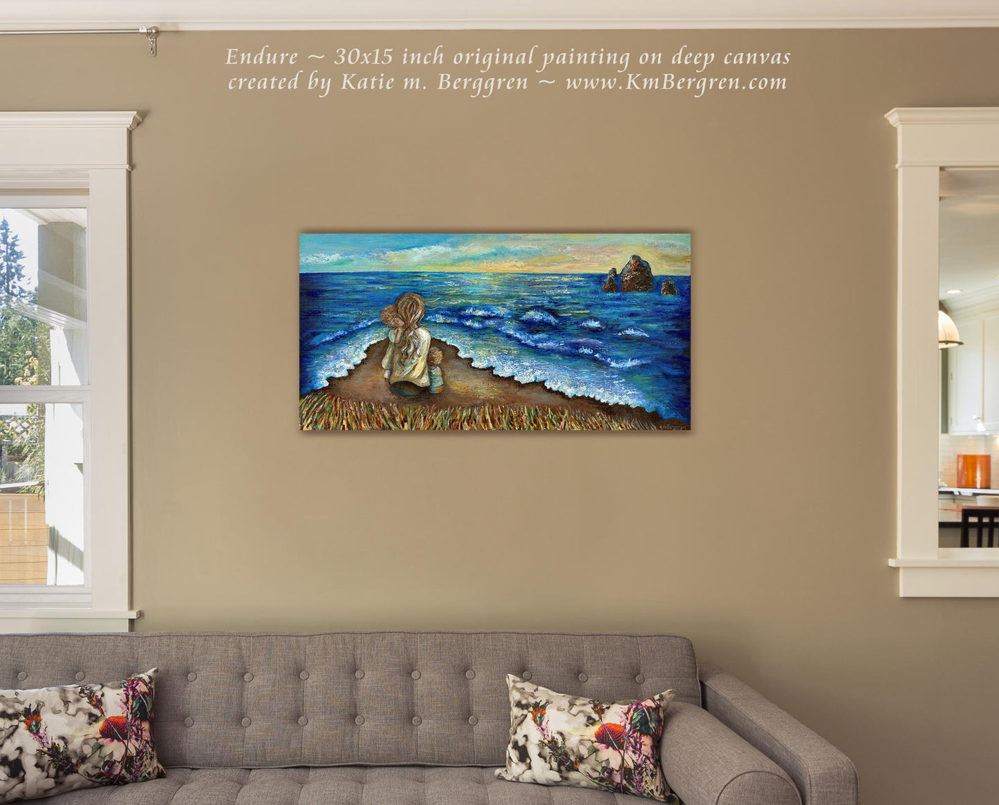 original art of mother and 2 children sitting on beach, painting of mom hugging children by the seashore, cool calm artwork, contentment art, relaxing peaceful painting shown on couch room wall