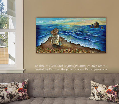 original art of mother and 2 children sittin on beach, painting of mom hugging children by the seashore, cool calm artwork, contentment art, relaxing peaceful painting shown on living room wall