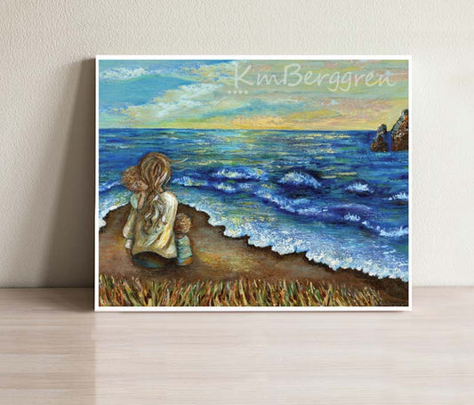 woman on beach painting, mother and children on beach artwork, art for beach house, family beach art, motherhood art, paintings of mother and children, two children painting, mother and child art print