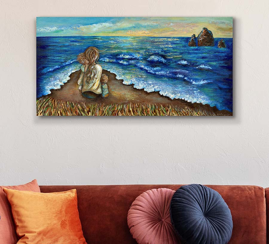 original art of mother and 2 children sittin on beach, painting of mom hugging children by the seashore, cool calm artwork, contentment art, relaxing peaceful painting shown on bedroom wall