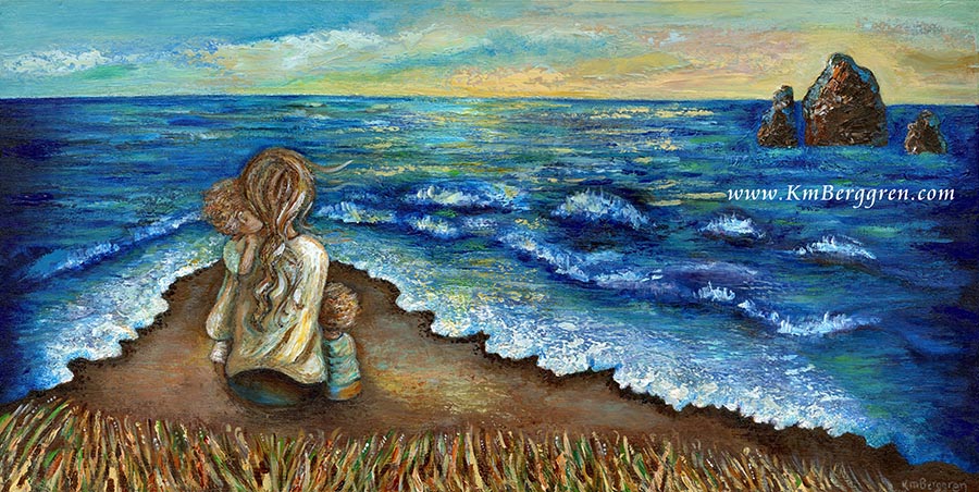 Original one-of-a-kind Painting on 30x15 inch deep canvas, of mom and two children looking out to sea