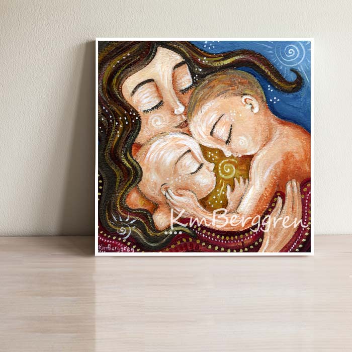 blue red and yellow art print of brunette mother kissing two little boys and a yellow sun in the middle