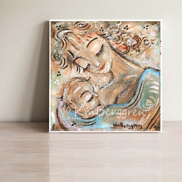 whimiscal artwork of curly blonde brown haired mother nursing blonde brown haired baby, breastfeeding by artist KmBerggren