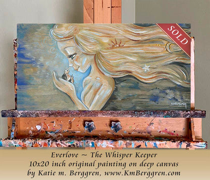 Painting of a woman with long hair and a small figure, displayed on a wooden easel. Painting by Katie m. Berggren, kmberggren art