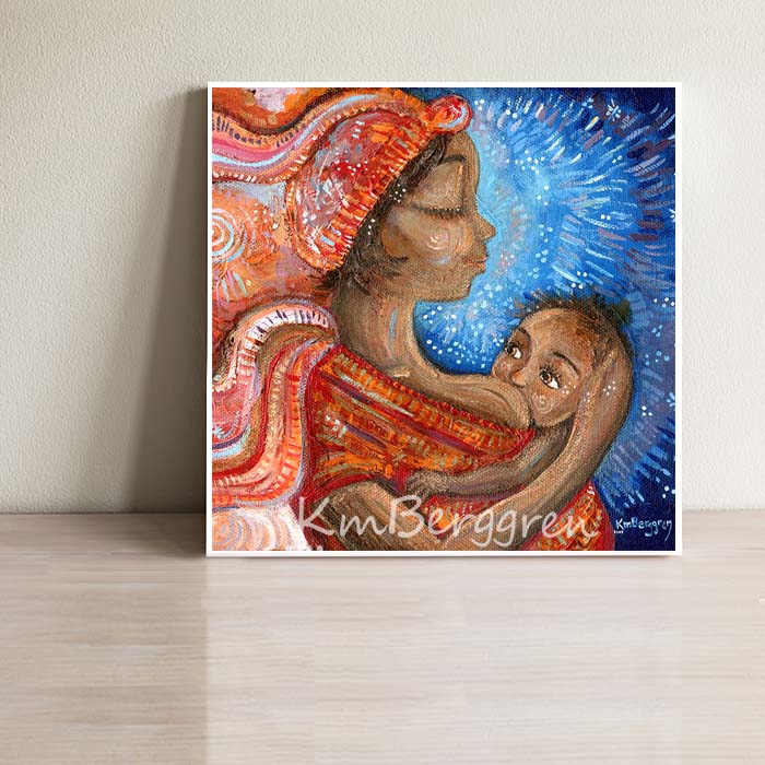 African American woman artwork, nursing baby and wearing a red head wrap and dress with blue background