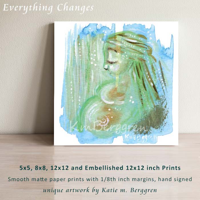 Pregnant mother with a dreamy green background. Inspiring and comforting art prints for mom pregnant with her first baby. Baby Shower Gift for young mom. Limited edition green and blue painting. 