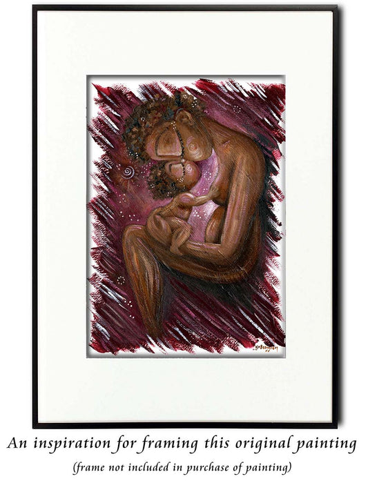 african american mother and child, black woman with kissing baby, black mother and naked child, naked mother and child, nude black woman holding baby, face to face, skin to skin, baby touching breast, magenta, brown skin, black mom, brown mama, brown baby, curly brown hair, painting on paper, original art by Katie m. Berggren