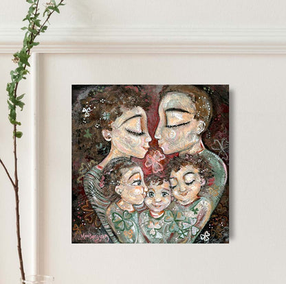 original painting for a family with three kids, mother and father artwork, anniversary painting for mom and dad, three children artwork, mother and father of three daughters art, 2 sisters and brother artwork, little brother and two big sisters painting, mother and child artwork by kmberggren