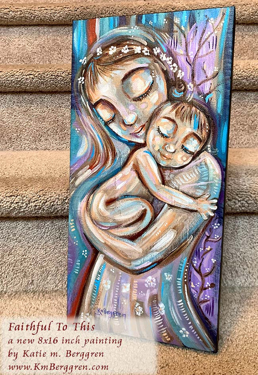 mother holding sleeping toddler on her shoulder, flower hair wreath, naked baby bum, purple and blue expressive family art, mother and child painting, mama and baby art, gift for new mom, new baby art decor for nursery