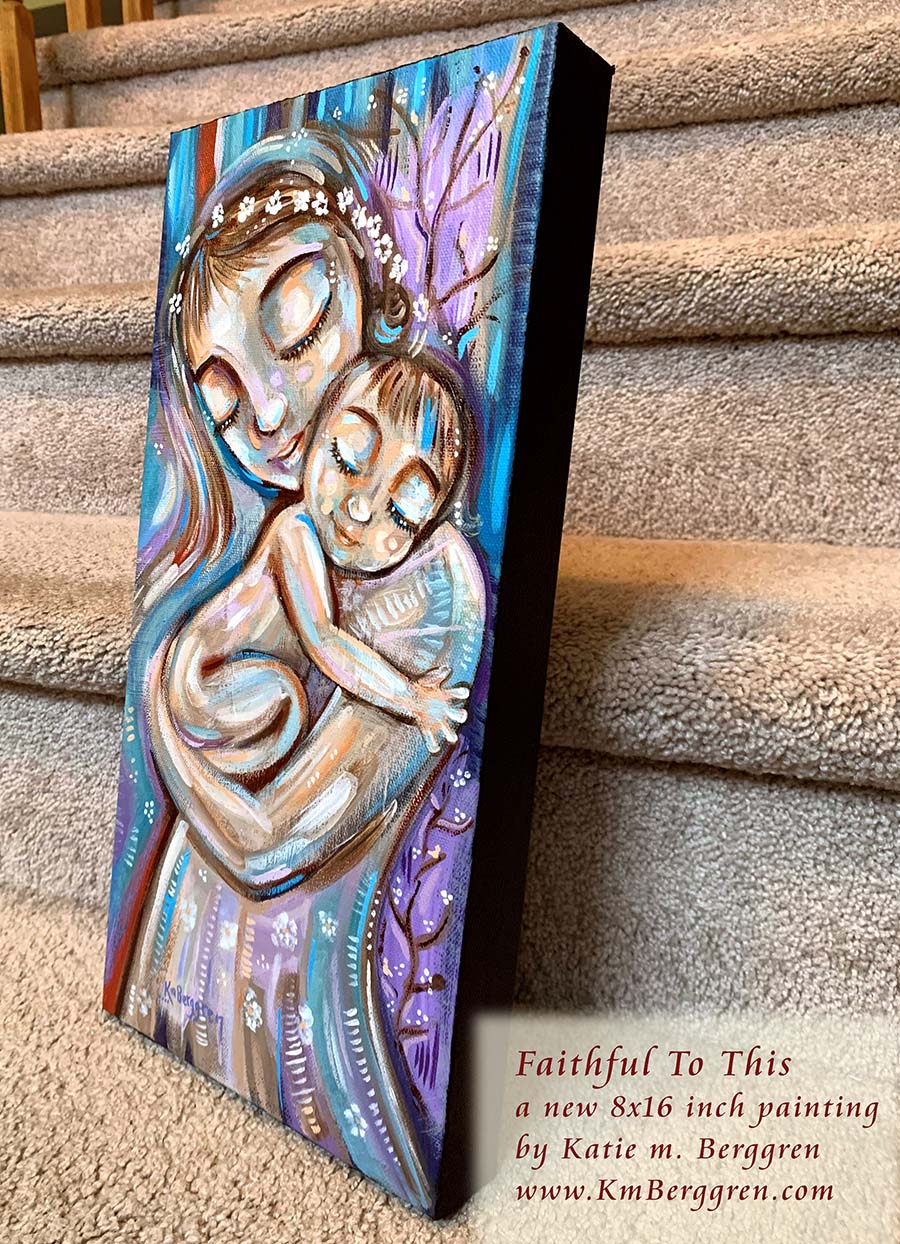 mother holding sleeping toddler on her shoulder, flower hair wreath, naked baby bum, purple and blue expressive family art, mother and child painting, mama and baby art, gift for new mom, new baby art decor for nursery