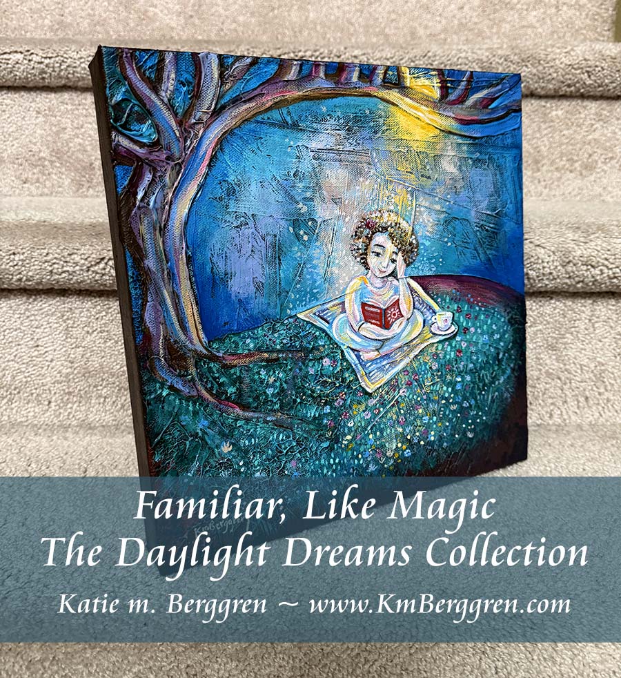 highly textured painting of a woman reading under a tree and sunshine with a book, blanket and cup of tea, intimate positive artwork by kmberggren, kimberggren, katie berggren, purple and blue tree painting, thoughtful art painting, artwork for women, gifts for mom