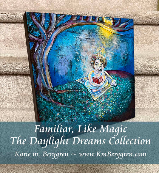 highly textured painting of a woman reading under a tree and sunshine with a book, blanket and cup of tea, intimate positive artwork by kmberggren, kimberggren, katie berggren, purple and blue tree painting, thoughtful art painting, artwork for women, gifts for mom