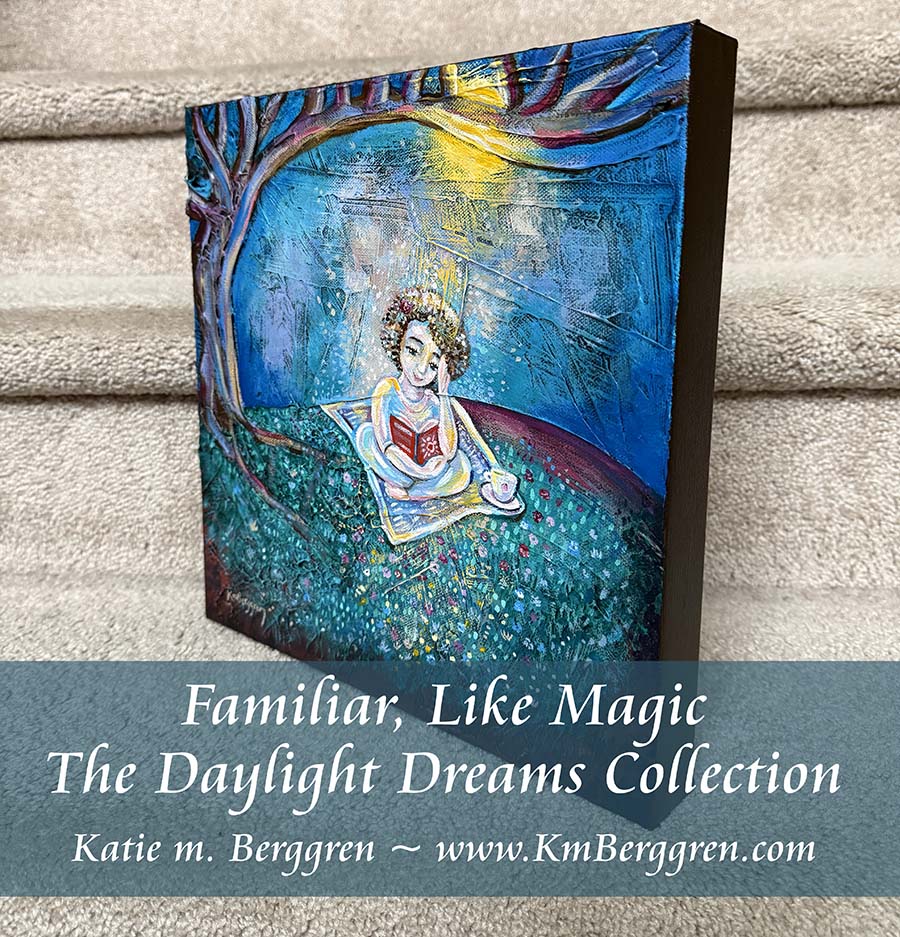 highly textured painting of a woman reading under a tree and sunshine with a book, blanket and cup of tea, intimate positive artwork by kmberggren, kimberggren, katie berggren, purple and blue tree painting, thoughtful art painting, artwork for women, gifts for mom