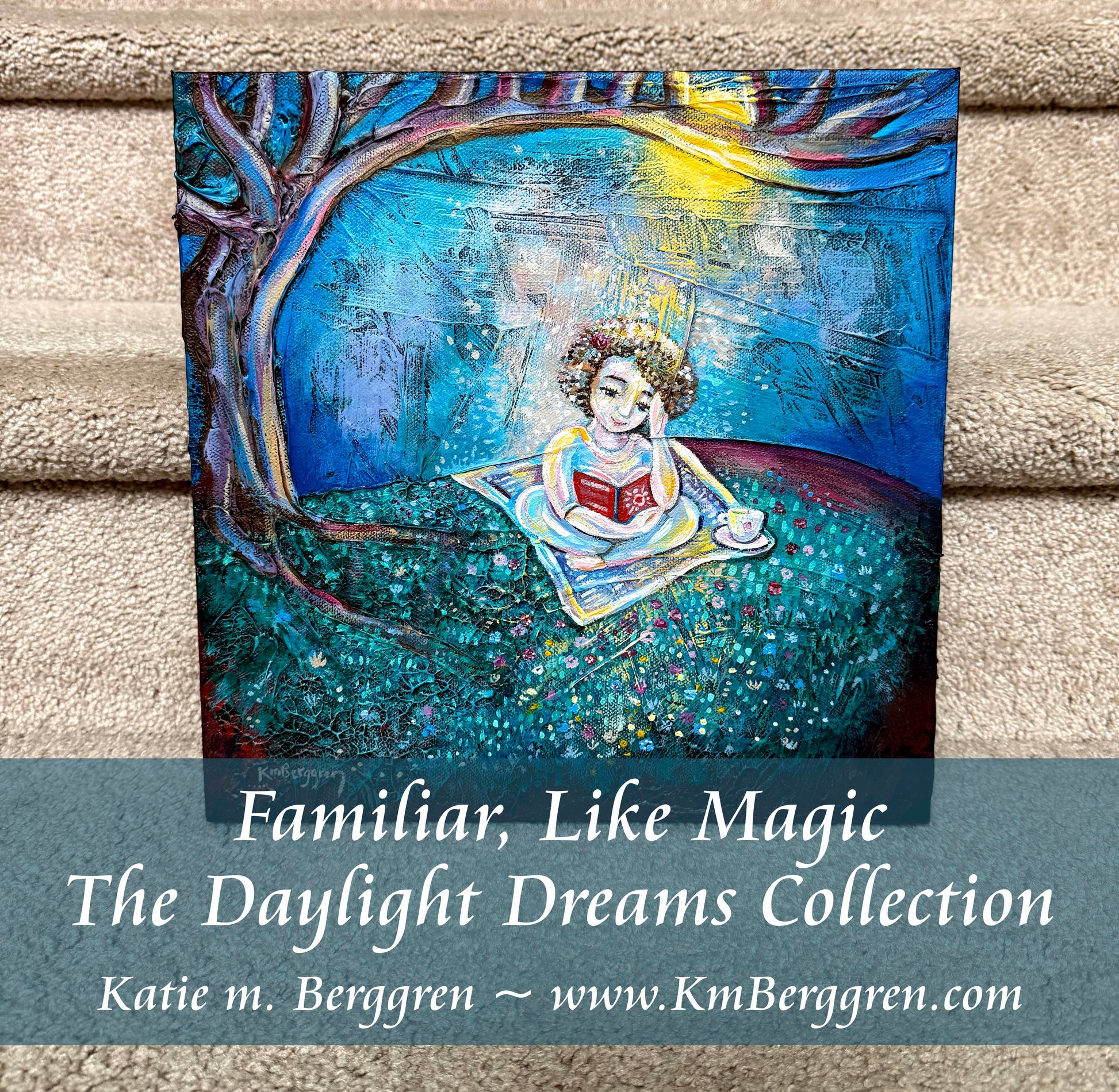 highly textured painting of a woman reading under a tree and sunshine with a book, blanket and cup of tea, intimate positive artwork by kmberggren, kimberggren, katie berggren, purple and blue tree painting, thoughtful art painting, artwork for women, gifts for mom