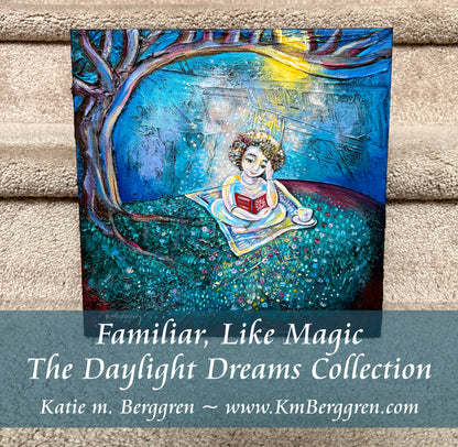 highly textured painting of a woman reading under a tree and sunshine with a book, blanket and cup of tea, intimate positive artwork by kmberggren, kimberggren, katie berggren, purple and blue tree painting, thoughtful art painting, artwork for women, gifts for mom