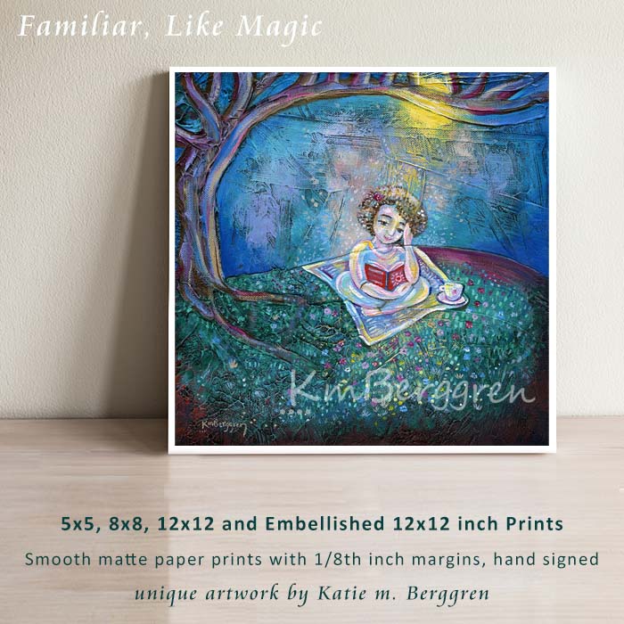 print of a woman reading under a tree and sunshine with a book, blanket and cup of tea, intimate positive artwork by kmberggren, kimberggren, katie berggren, purple and blue tree painting, thoughtful art painting, artwork for women, gifts for mom