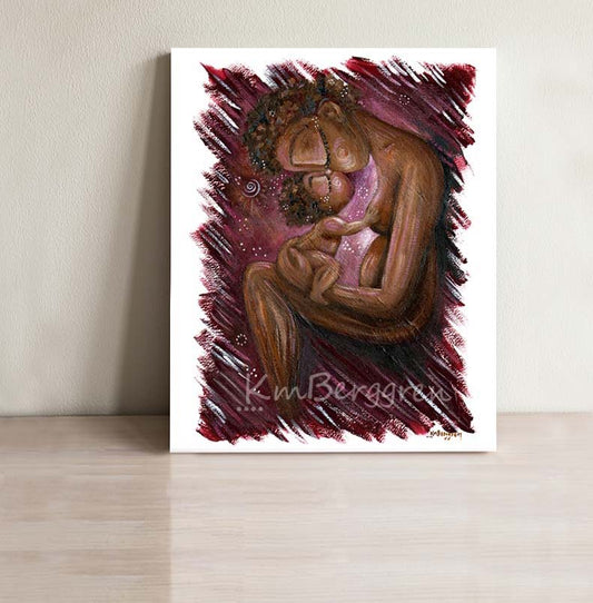 pink mother and baby artwork by kmberggren, mother cuddling a naked baby , whimsical and expressive artwork by KmBerggren