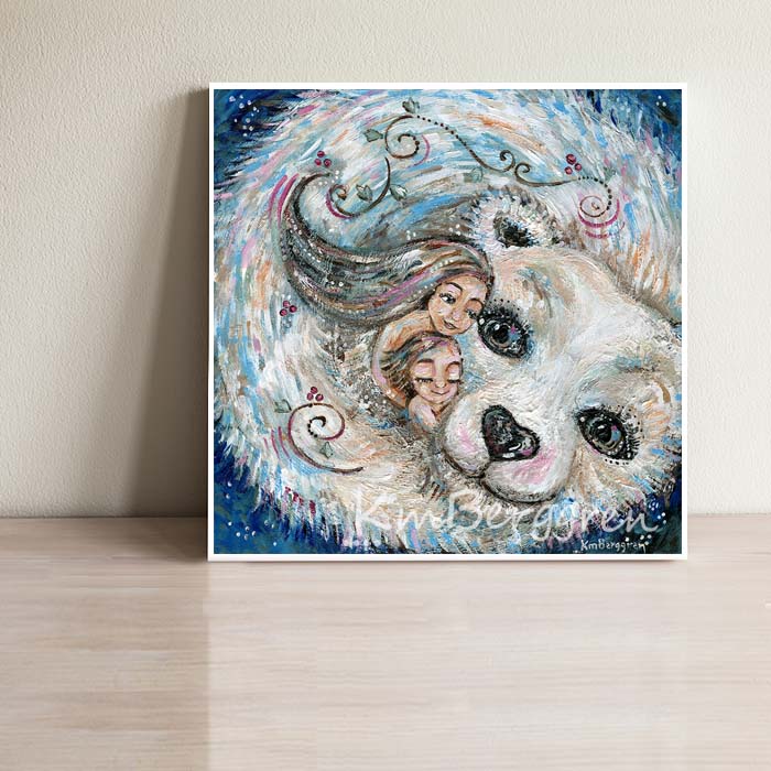 art print of polar bear with children, whimsical art by KmBerggren