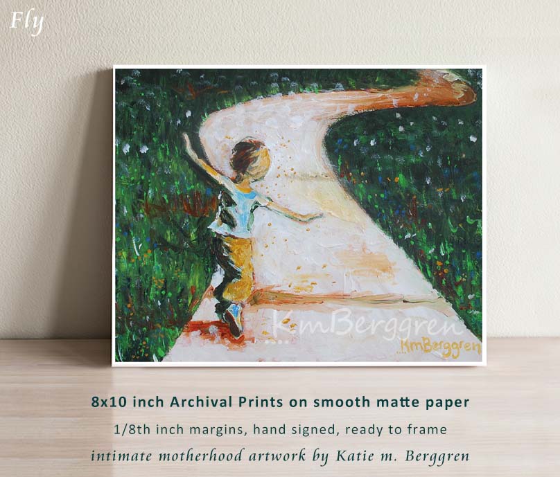 art print of a little boy running down a path through green grass with his arms out like he is flying - art by KmBerggren