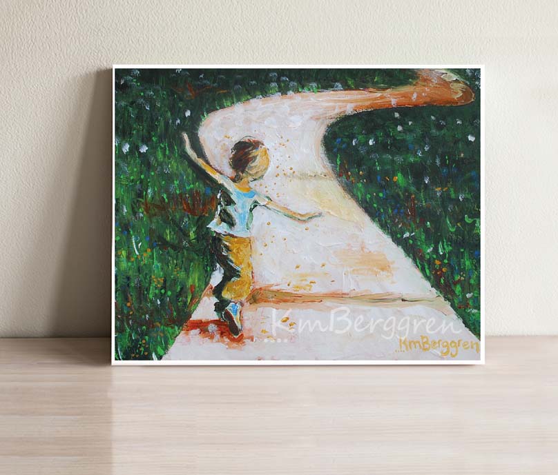 art print of a little boy running down a path through green grass with his arms out like he is flying - art by KmBerggren