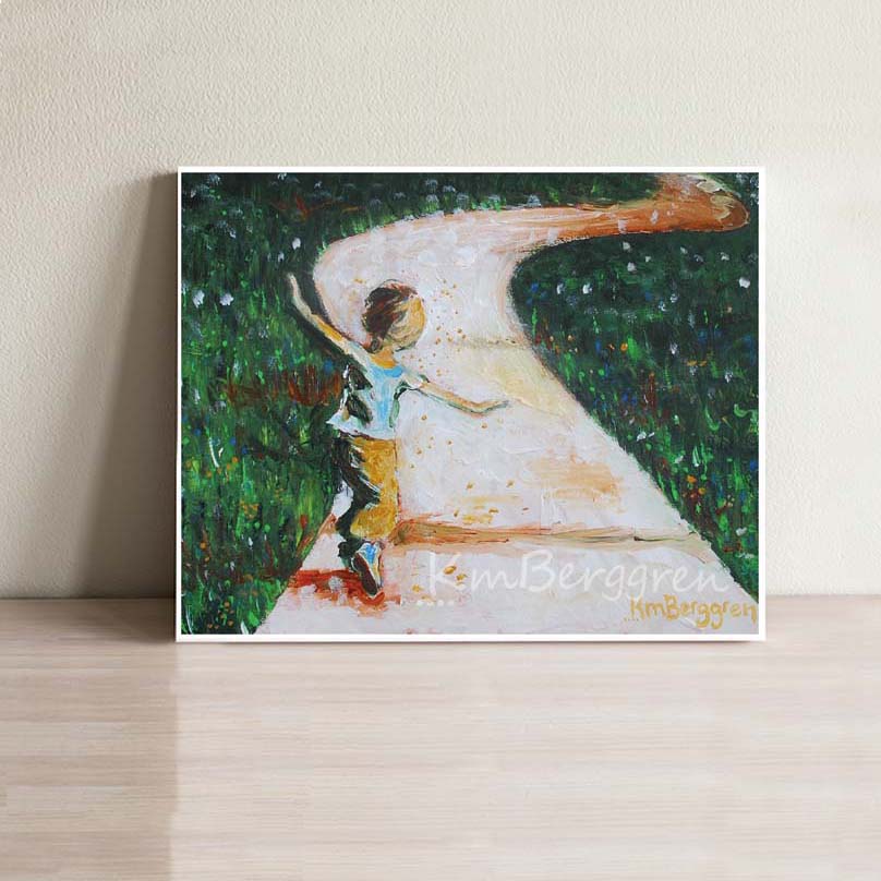 art print of a little boy running down a path through green grass with his arms out like he is flying - art by KmBerggren