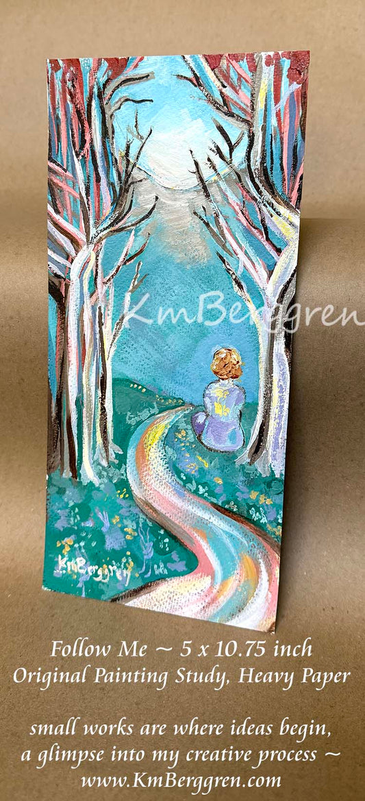 A vertical original painting on heavy paper of a woman sitting off of a hiking trail in a forest, with green grass and trees. She looks out to the horizon far away, short brown hair, full-figured woman, soft blues and whites colored painting by KmBerggren, Katie m Berggren, kimberggren