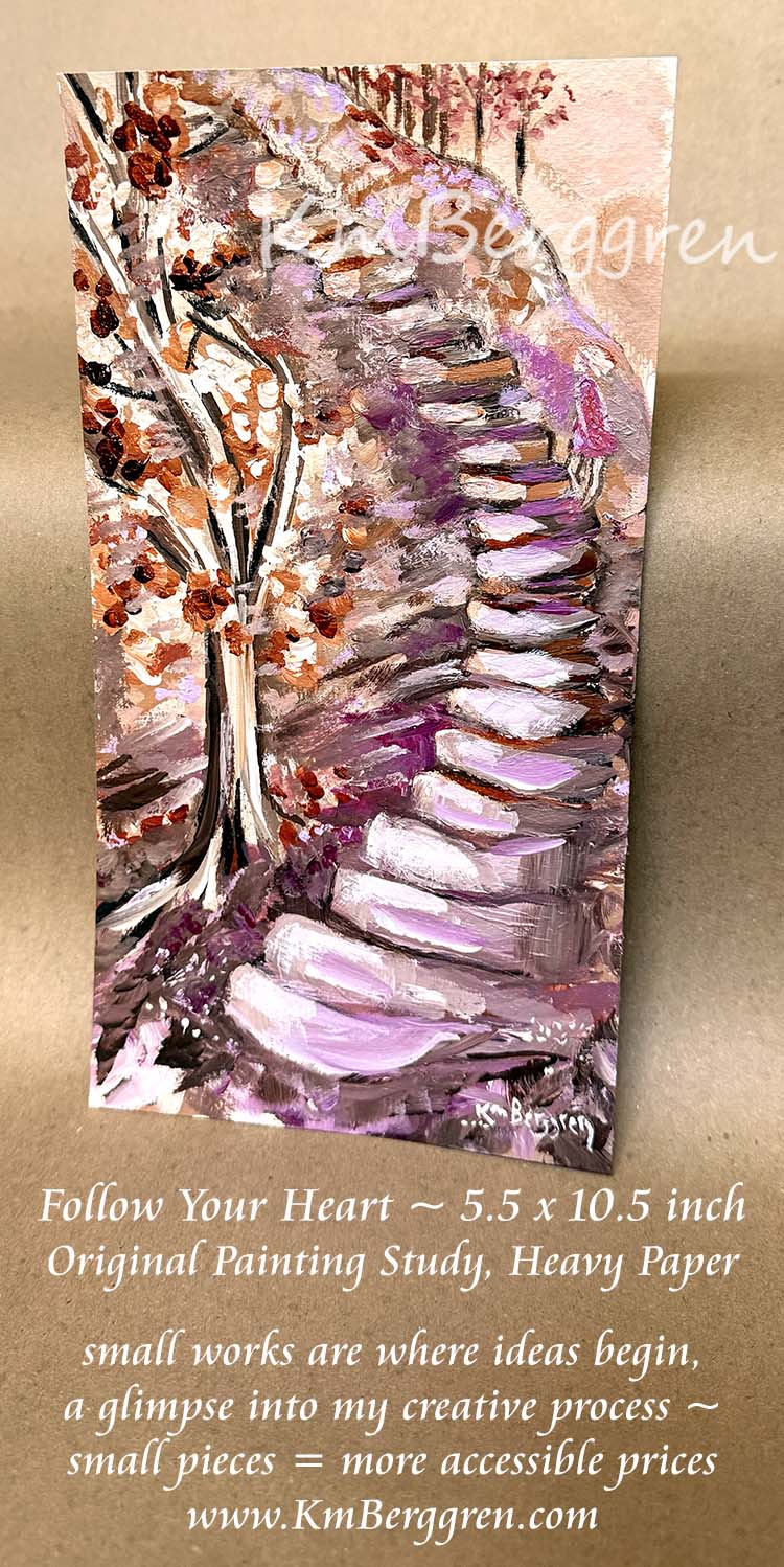 A vertical painting on textured paper depicting a winding stone path through a forest with pink and purple foliage, shown against a beige background with descriptive text and the website KmBerggren.com. A woman climbing a stone staircase of pink, purple and black. painting by KmBerggren, Katie m. berggren, kimberggren