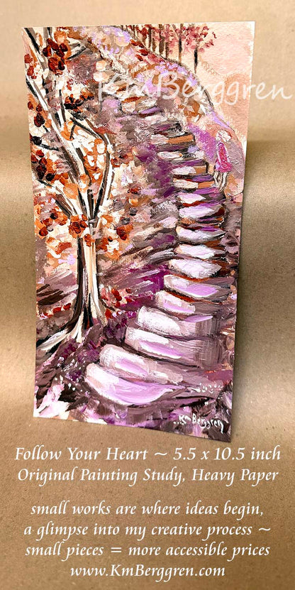 A vertical painting on textured paper depicting a winding stone path through a forest with pink and purple foliage, shown against a beige background with descriptive text and the website KmBerggren.com. A woman climbing a stone staircase of pink, purple and black. painting by KmBerggren, Katie m. berggren, kimberggren