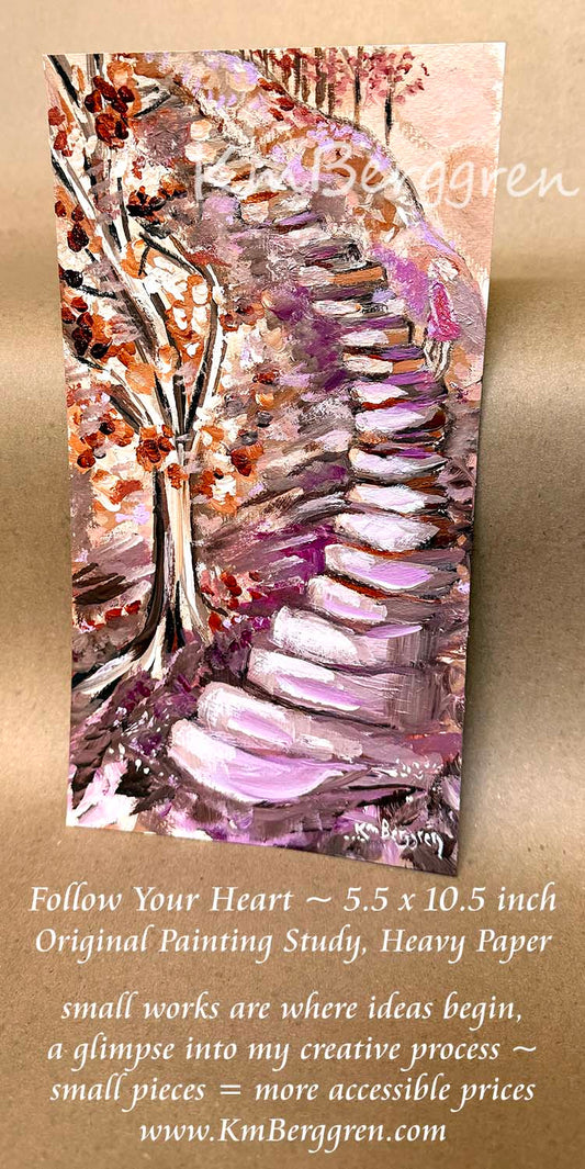 A vertical painting on textured paper depicting a winding stone path through a forest with pink and purple foliage, shown against a beige background with descriptive text and the website KmBerggren.com. A woman climbing a stone staircase of pink, purple and black. painting by KmBerggren, Katie m. berggren, kimberggren
